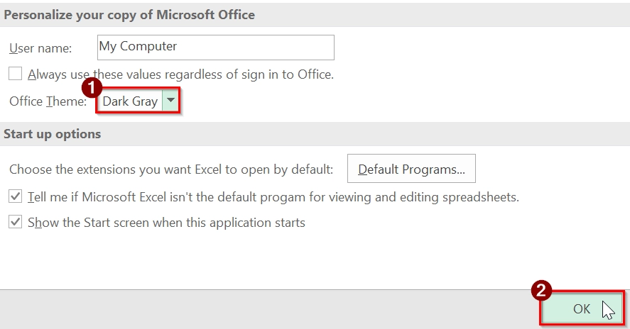 Using Excel Settings to Change Theme Colors