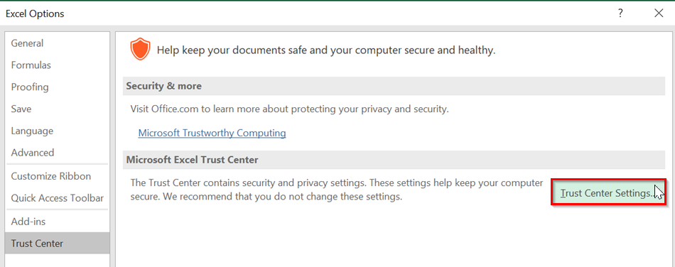 Change Excel Application Trust Center Settings