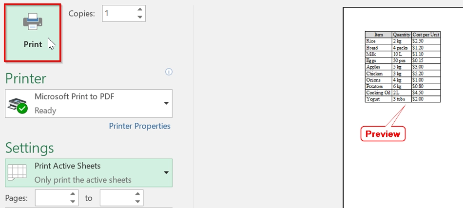 Use Print Selection to Print the Selected Area in Excel