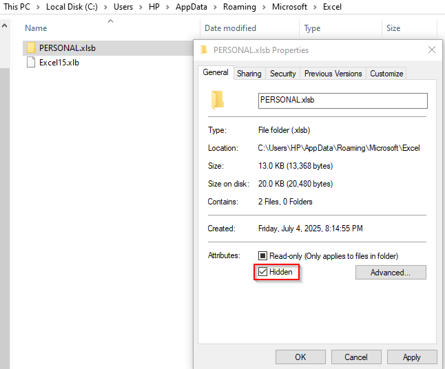 Change the Properties for the PERSONAL.xlsb File