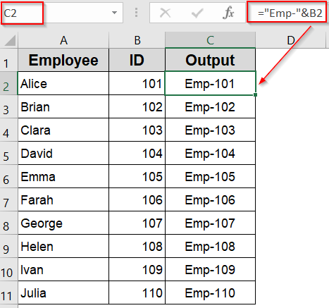 Use the Ampersand (&) Operator to Add Text at the Start of a Cell