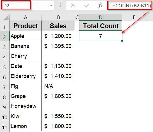 Use COUNT Function to Count Cells with Numbers