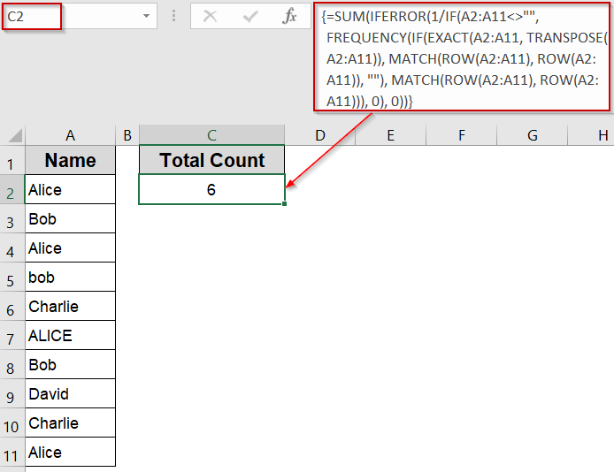 Count Case-Sensitive Duplicate Values Only Once Using EXACT, FREQUENCY, and MATCH Functions