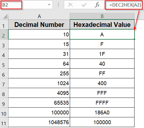 Convert Decimal to Hexadecimal Using Excel’s DEC2HEX Function