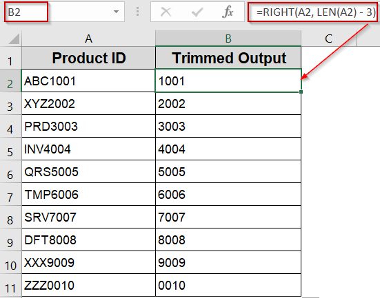 Apply the RIGHT and LEN Functions to Remove First 3 Characters