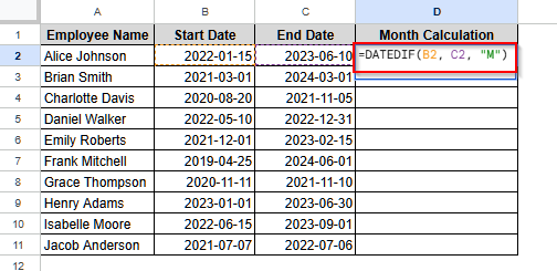 Calculate Number of Months Between Two Dates Using DATEDIF Function