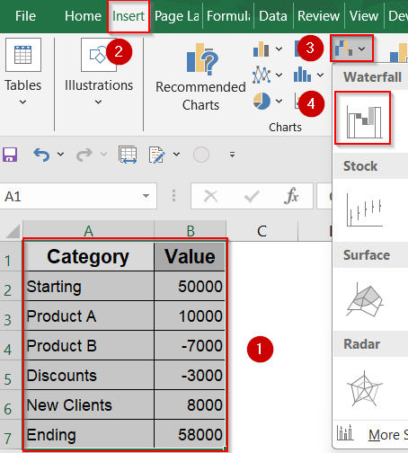 Insert Using Built-in Waterfall Chart Feature (Excel 2016 or Later)