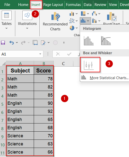 Use the Built-in Box and Whisker Chart Feature (Excel 2016 or Later)