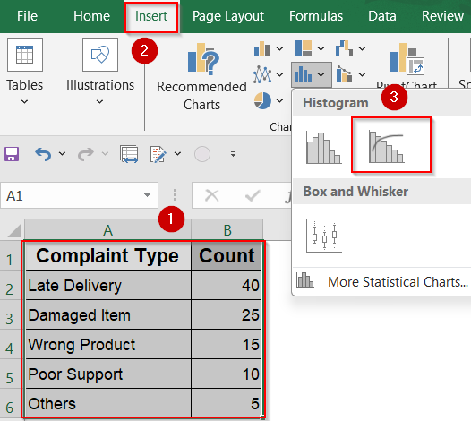 Create a Pareto Chart Using Excel’s Built-in Tool (Excel 2016+)