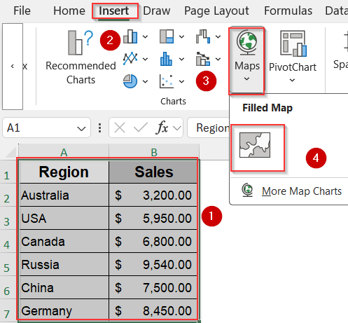 Use Excel’s Built-in Map Chart Feature