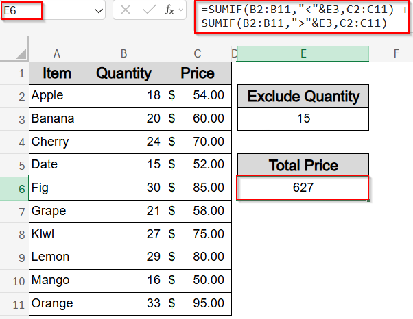 Exclude a Specific Value Using SUMIF Function Greater Than and Less Than a Cell