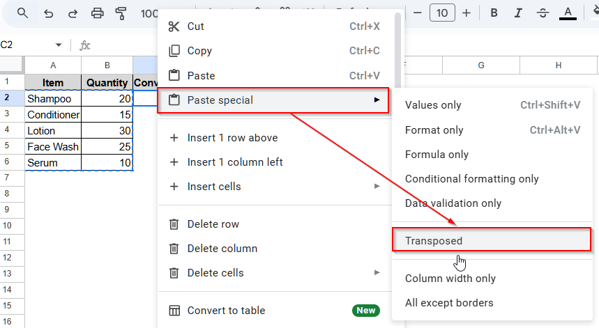 Convert Column to Rows in Google Sheets Using Paste Special Option