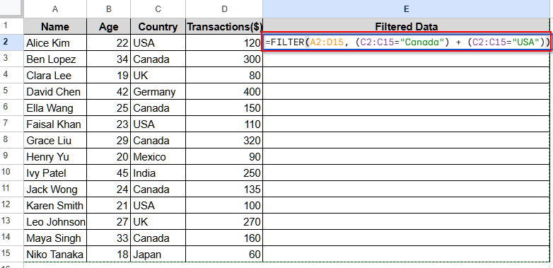 Using FILTER Function Applying OR Condition in Google Sheets