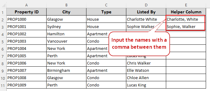 Adding a Comma Between Names with the Flash Fill Feature