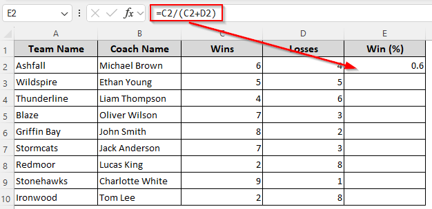 Calculating Win-Loss Percentage for Each Row by Formatting Cells
