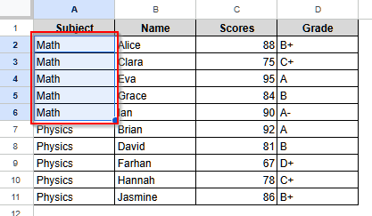 Merge Rows Using the Menu Bar Option in Google Sheets