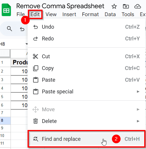 Remove Commas Using Find and Replace Tool