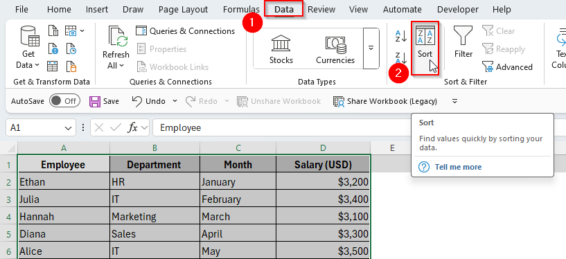 Using Sort Tool to Sort a Column Alphabetically and Keep Rows Together