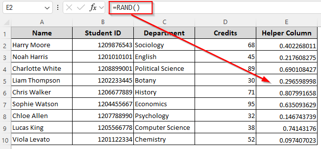 Randomizing Names with the RAND/RANDBETWEEN Function and By Manual Sorting