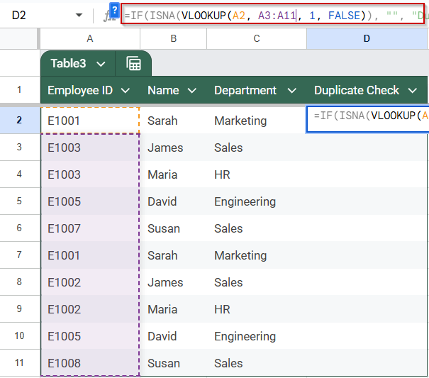 Identify Duplicate Entries Using VLOOKUP and ISNA Functions in Google Sheets