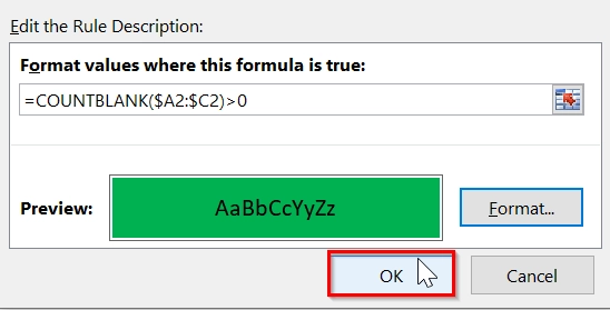 Highlight Entire Row in Excel Where Any Cell Is Blank