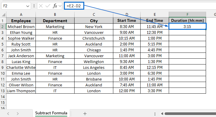 Calculate Hours and Minutes by Simple Subtraction