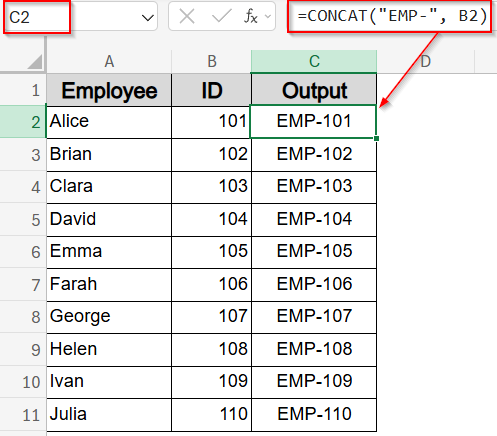Apply CONCAT or CONCATENATE Function to Add Text to the Beginning of a Cell in Excel