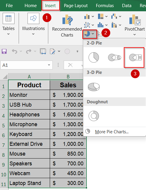 Steps to create a bar of pie chart in Excel