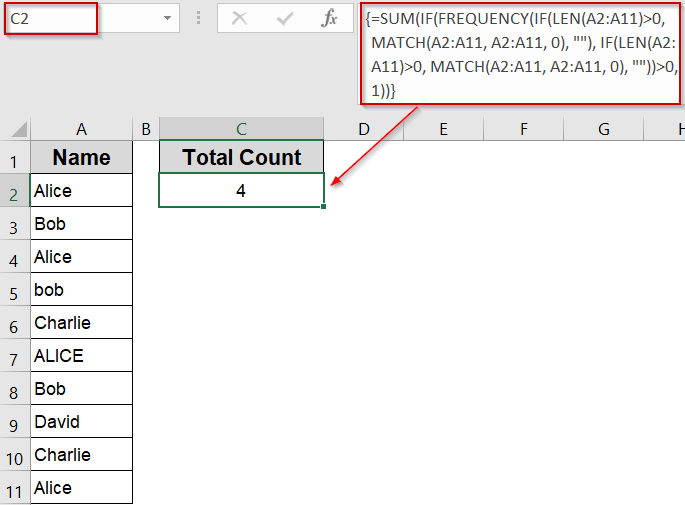 Count Case-Insensitive Duplicates Only Once Using FREQUENCY and MATCH Functions