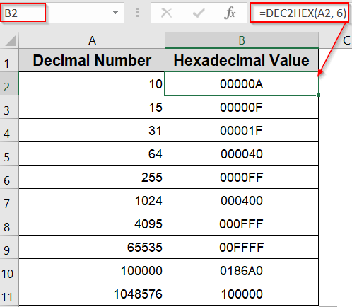 Convert Decimal to Hexadecimal Using Excel’s DEC2HEX Function