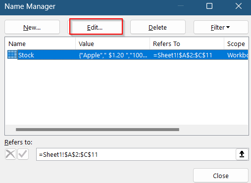 Steps to Edit Named Range Using Name Manager