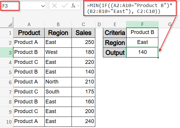 Find Lowest Value with Single or Multiple Criteria Using MIN and IF Functions