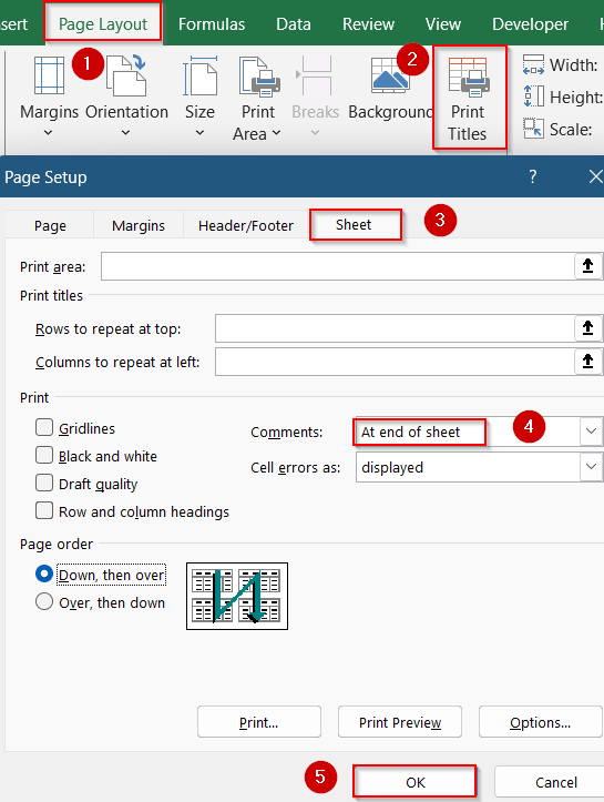 Print Comments at the End of the Sheet Using Page Layout Tab