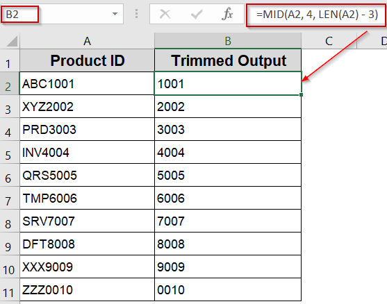 Insert the MID Function to Remove First 3 Characters