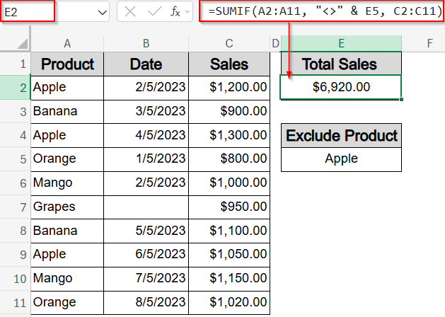 Dynamically Exclude a Value Using a Cell Reference with SUMIF Function