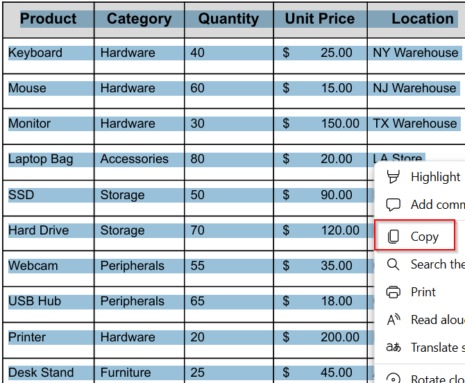 Manually Copy-Paste from PDF to Excel for Simple Tables