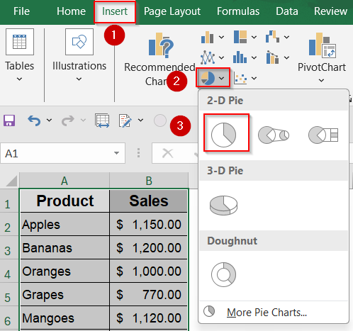 Steps to Create a Pie Chart in Excel with Words