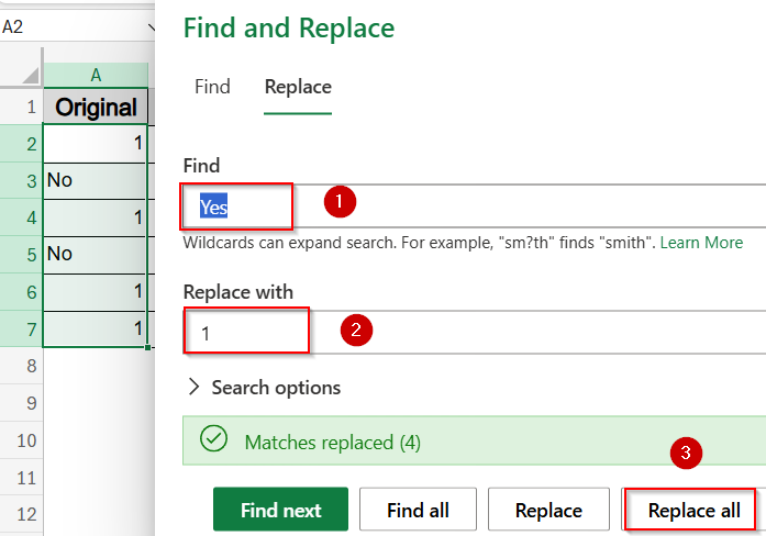 Use Find & Replace to Replace Yes/No with 1/0