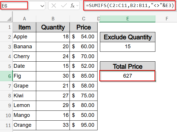 Exclude a Specific Value Using SUMIF Function Greater Than and Less Than a Cell