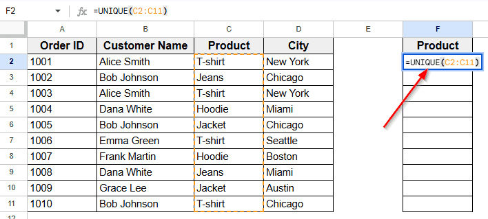 Using the UNIQUE Function to Filter Product Values
