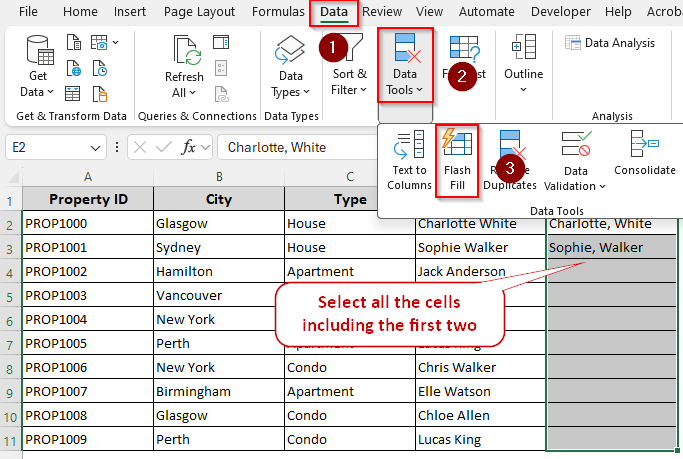 Adding a Comma Between Names with the Flash Fill Feature