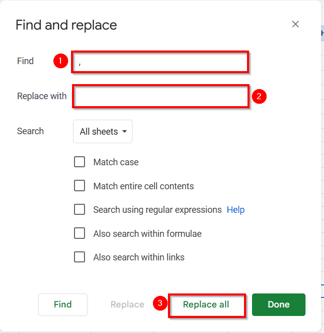 Remove Commas Using Find and Replace Tool