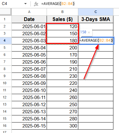 Applying AVERAGE Function To Calculate Moving Average