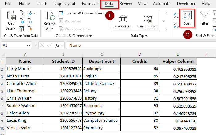 Randomizing Names with the RAND/RANDBETWEEN Function and By Manual Sorting