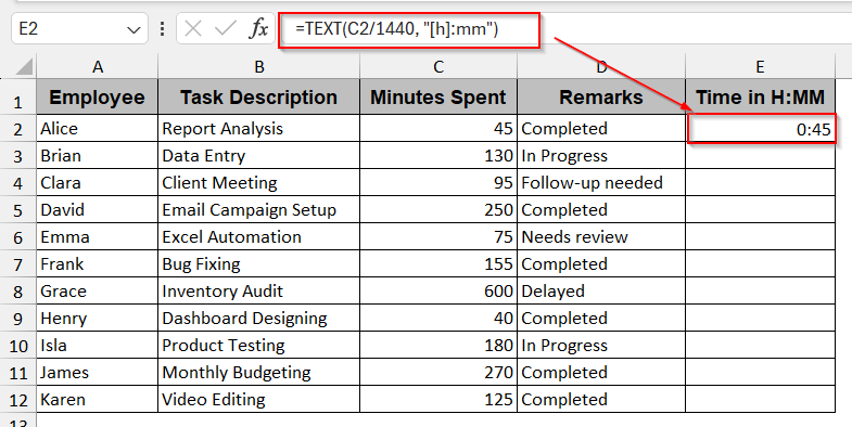 Show Minutes as Text-Based Time Using TEXT Function