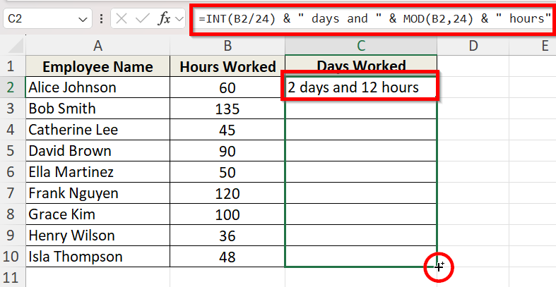Combine INT and MOD Functions to Convert Hours to Days