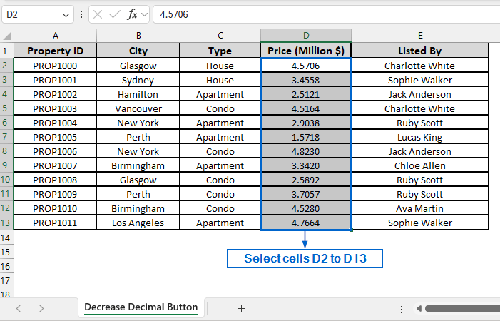 Use the Decrease Decimal Button to Adjust Decimal Places
