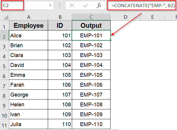 Apply CONCAT or CONCATENATE Function to Add Text to the Beginning of a Cell in Excel