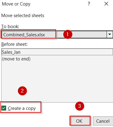 Manually Combine Excel Files Using the Move or Copy Sheet Option