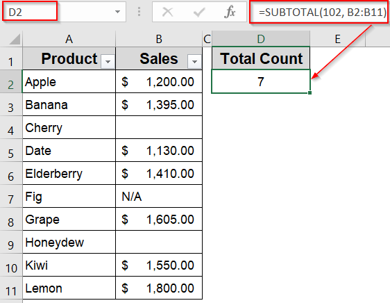 Use SUBTOTAL Function to Count Numbers with Filter Support